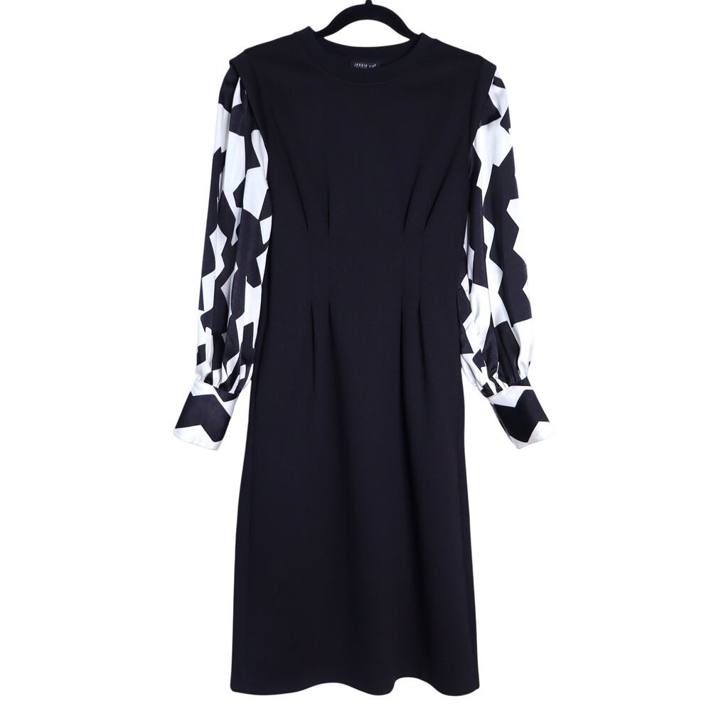 JESSIE LIU Ponte Midi Dress Black Printed Sleeves Tailored Fit Women's XS